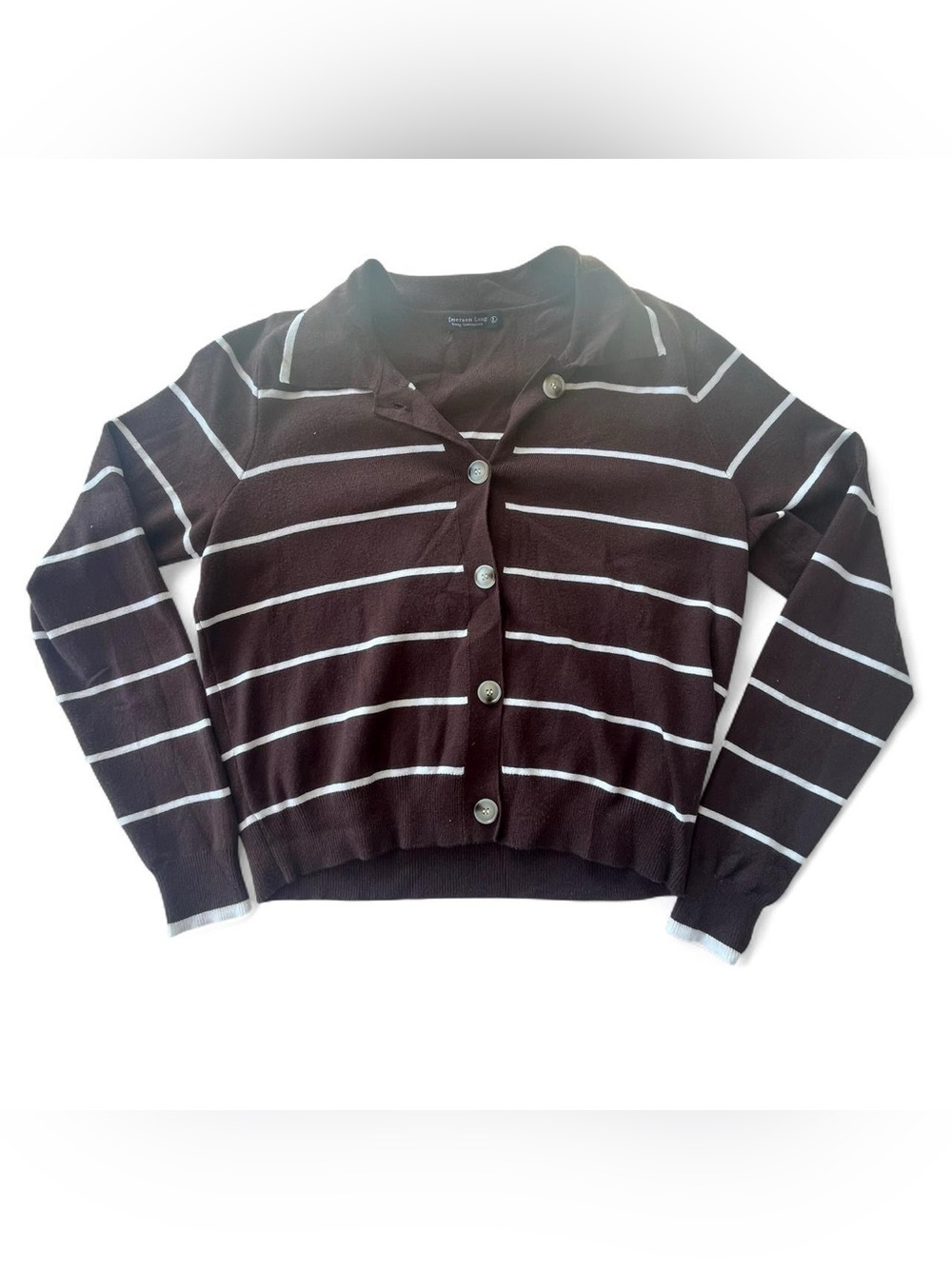 Emerson Lang Striped Button-Down Cardigan Sweater Size L Cozy Knit Chic